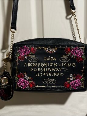 Betsey Johnson Black Shoulder Bag with Pink & Red Rose Embroidery